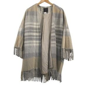 Helene London‎ Womens Plaid Longline Poncho Jacket M Beige Fringe Lined  Luxury
